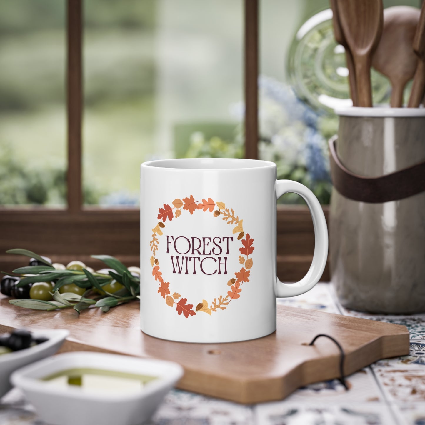 Witchy Forest Tasse - magisches Hexen Design mit Blätterkranz und Schriftzug