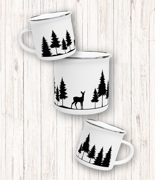 Reh-Silhoutte im Wald - Camping Emaille Tasse mit Tiermotiv - Design von SimpleLore